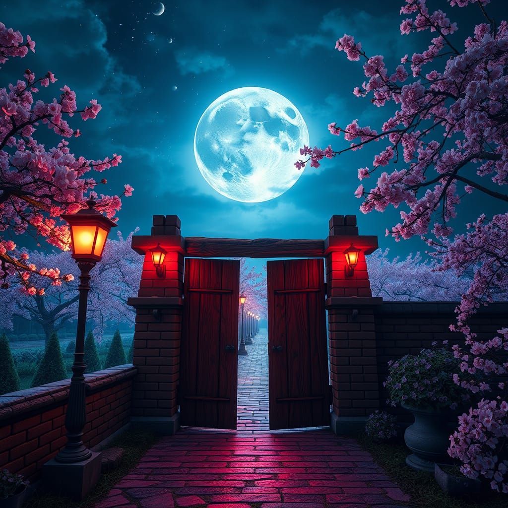 Glowing Gate to a Cherry Blossom Garden under a Full Moon