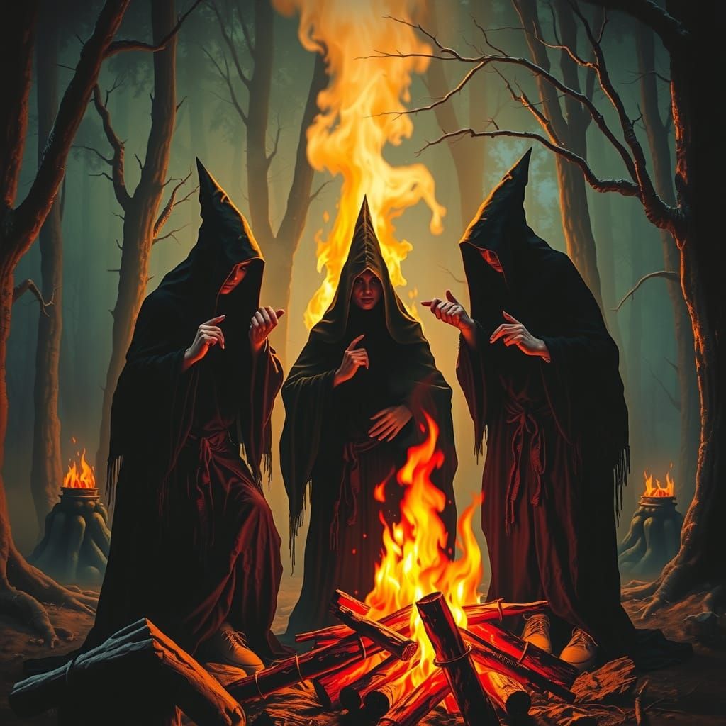 Witches Bonfire in Dark Surrealist Forest