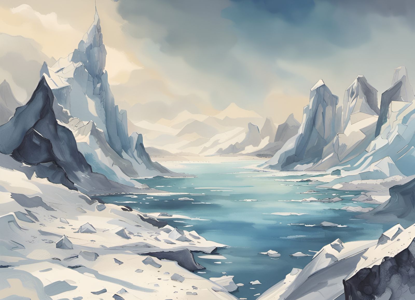 Icy Antarctic Landscape in Watercolor Style