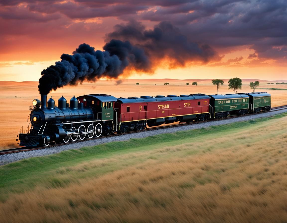 Steam Train Through Kansas Plains at Twilight