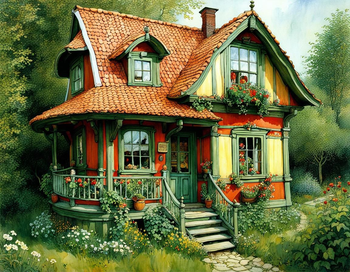 Vibrant Cozy Swedish Cottage Scene in Hyperdetailed Style