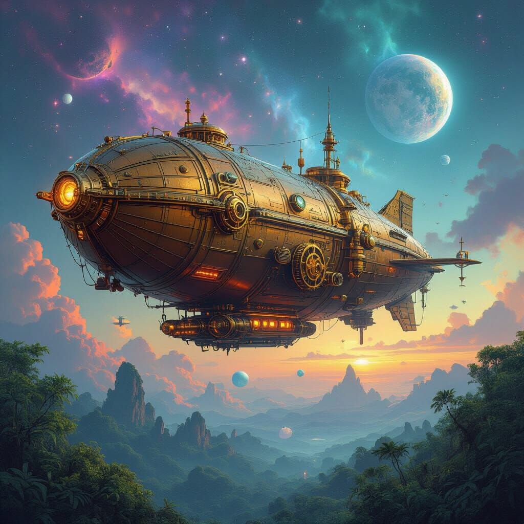 Steampunk Airship Soaring Through Alien Skies
