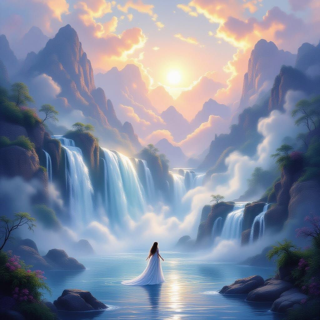 Ethereal Waterfall Enchantress in Luminous Mist
