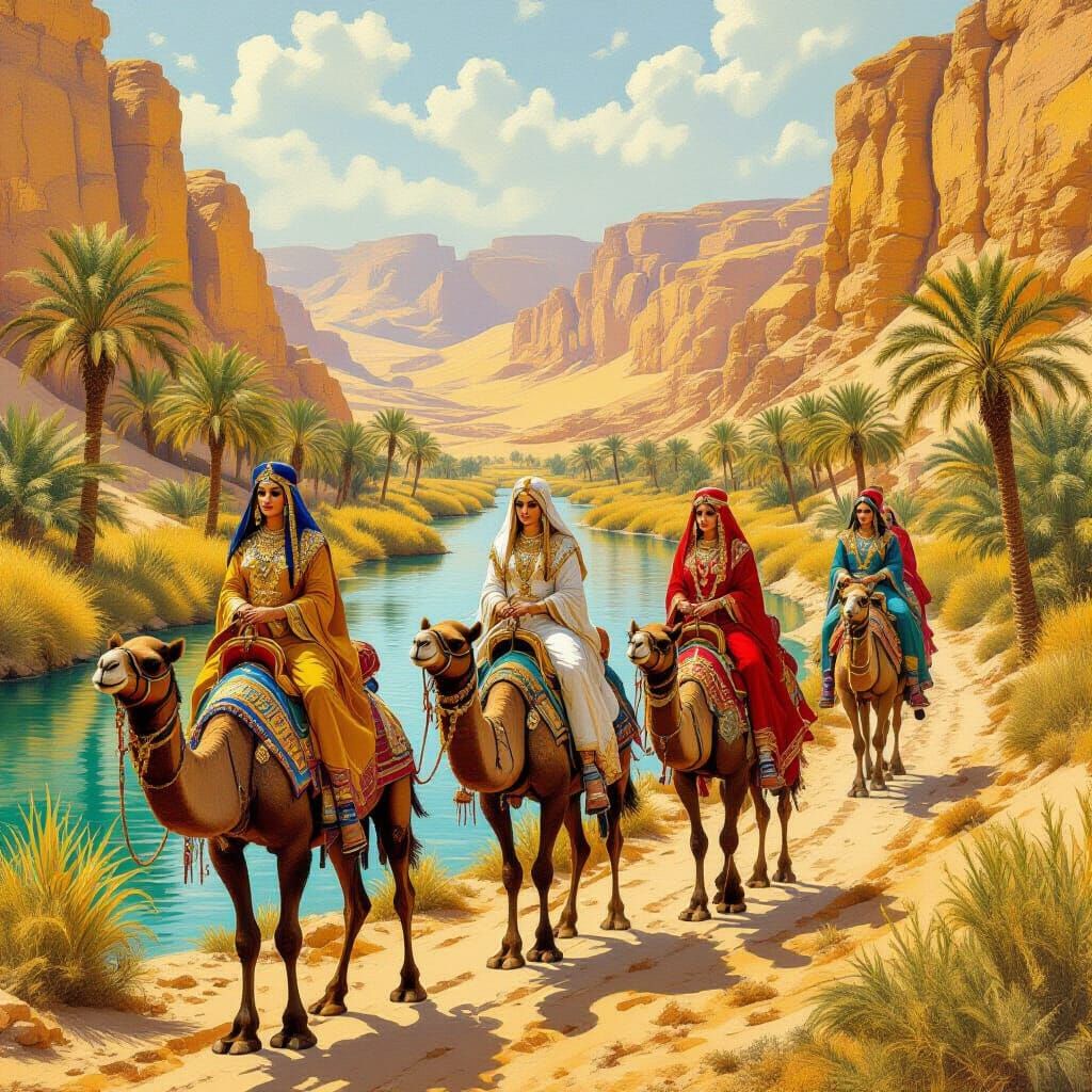 Regal Queens on Camel Caravan in Desert Wadi