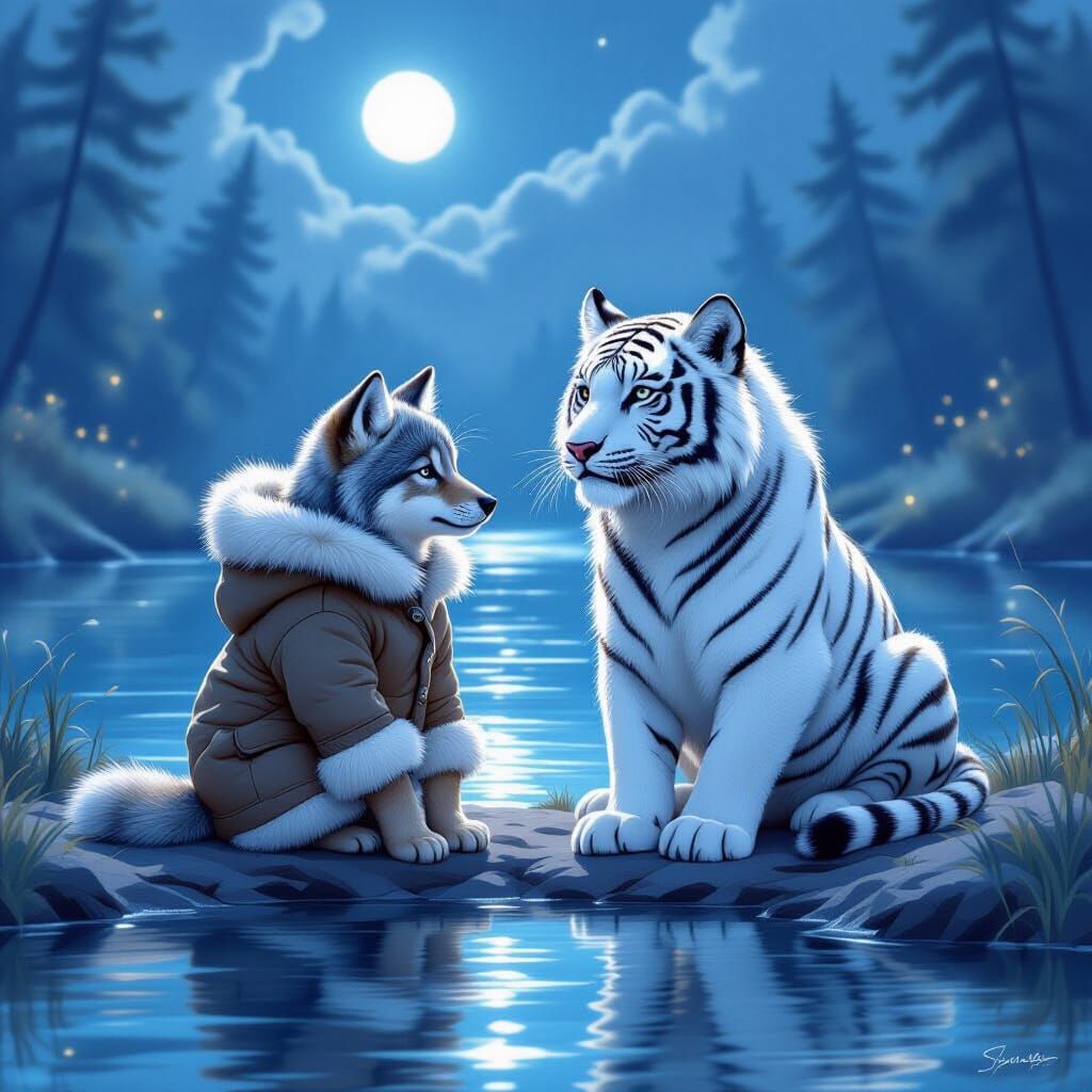 Moonlit Companions: Wolf Pup and White Tiger by River