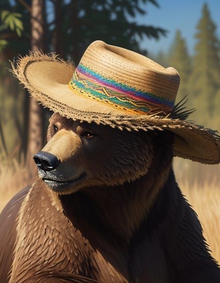 Grizzly Bear in Sombrero: Vibrant Oil Painting