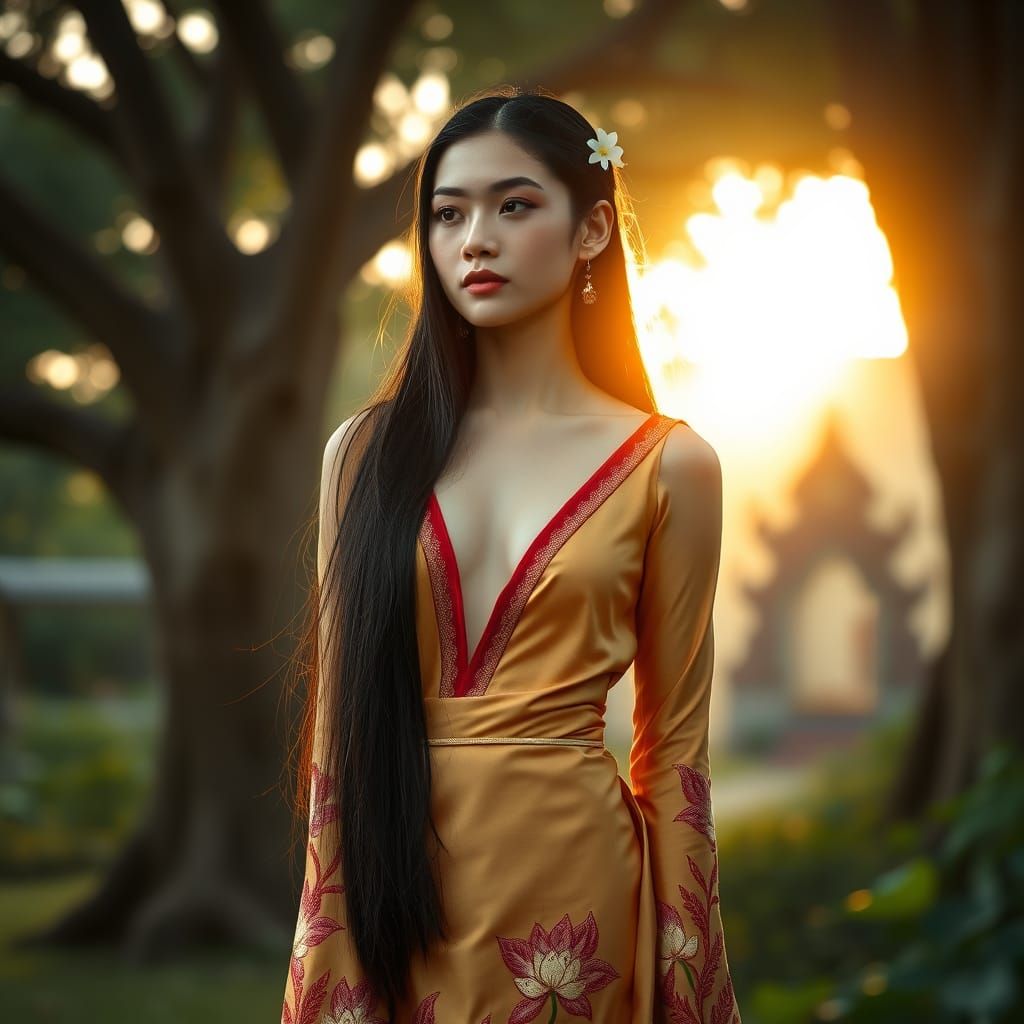 Thai Woman in Temple Garden at Dawn