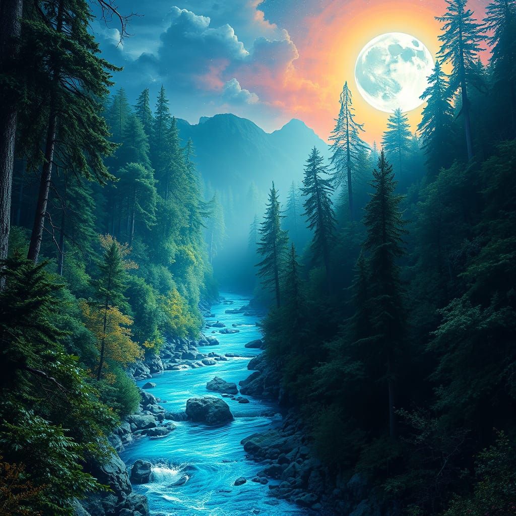 Neon River Through Dense Forest Digital Art