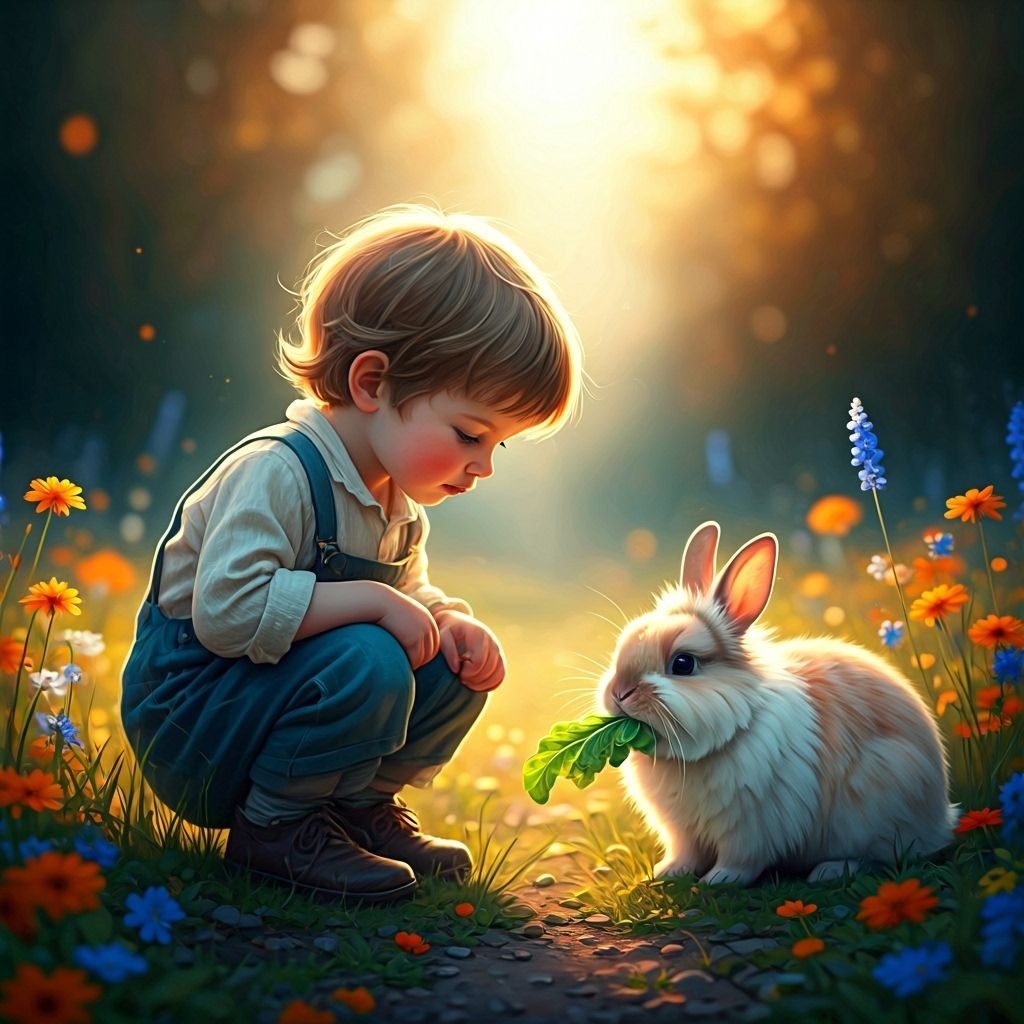 Boy Feeding Bunny in Flower Meadow