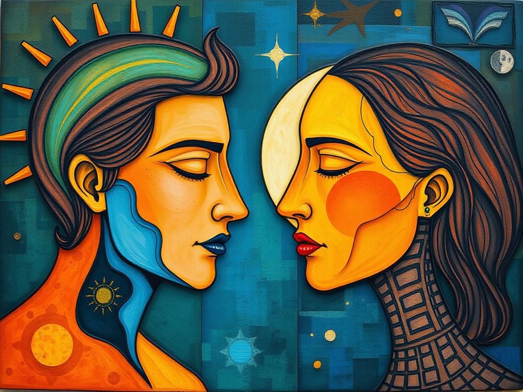 Duality: Sun, Moon, Man, Woman in Mixed Media