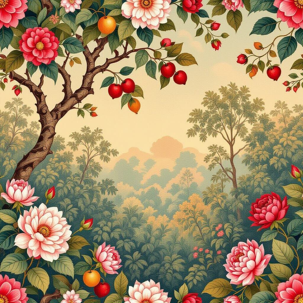 Indian Floral Wallpaper in Warm Hues