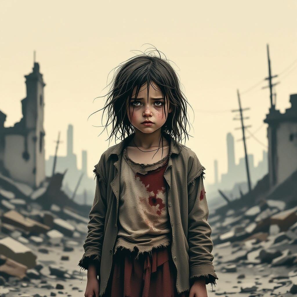 Sorrowful Girl in War-Torn Landscape Illustration
