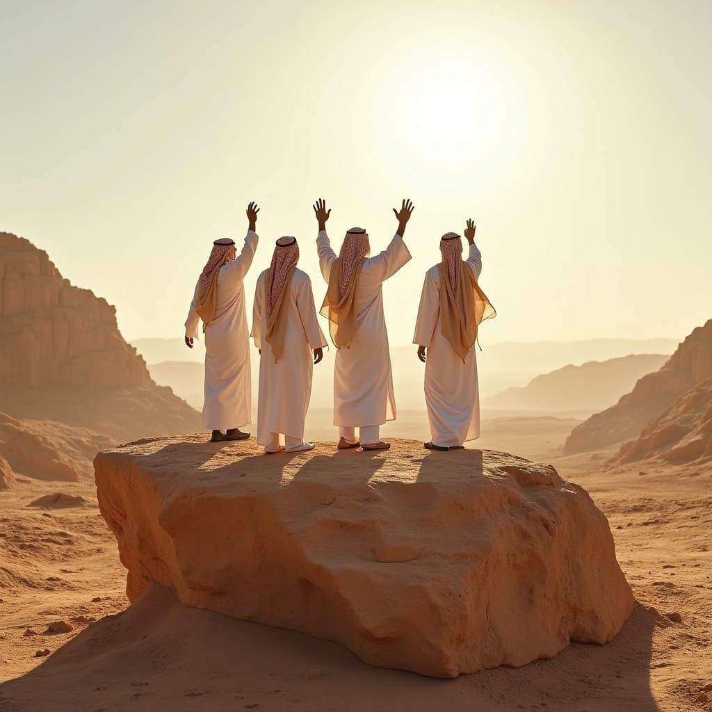 Four Men in Traditional Robes Pray in Desert Landscape with ...