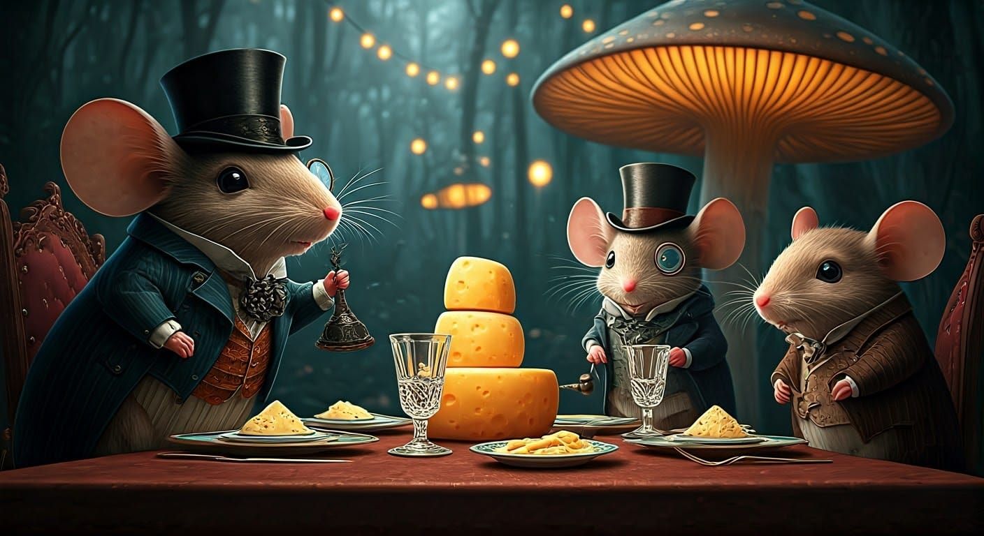 Elegant Mice Celebrate Grand Cheese Feast in Whimsical Victo...