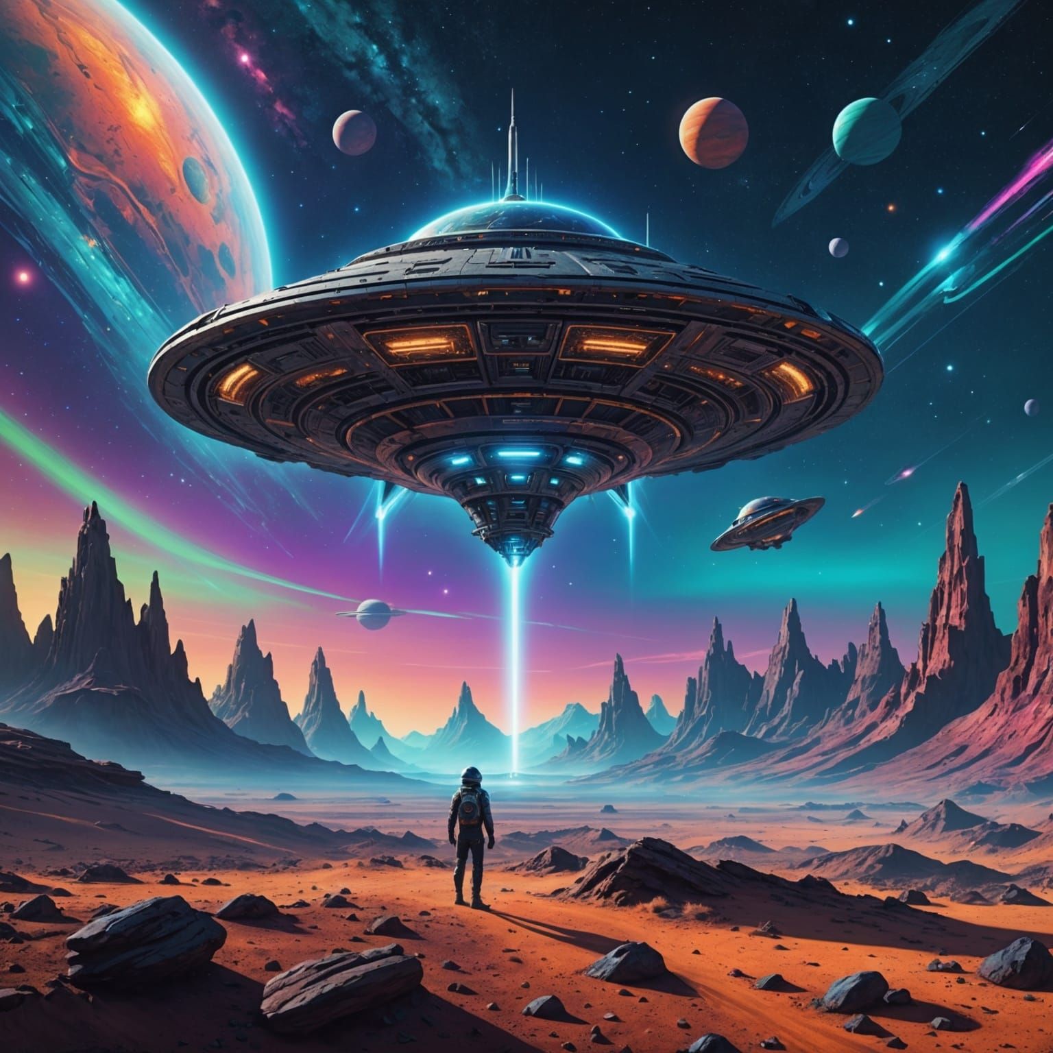 Cosmic Spaceship Landing: Holographic Astral Illustration