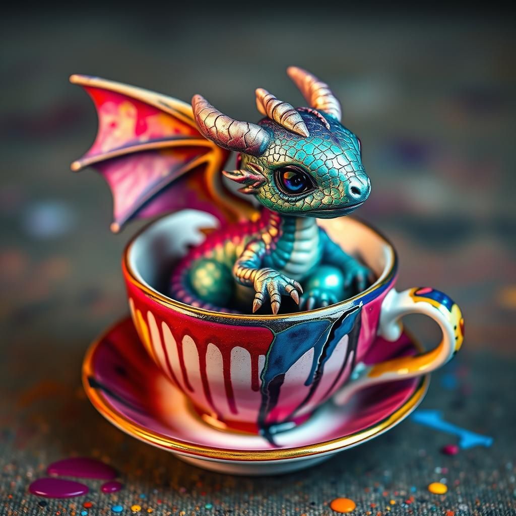 Miniature Dragon in Teacup: Graffiti Street Art Fusion