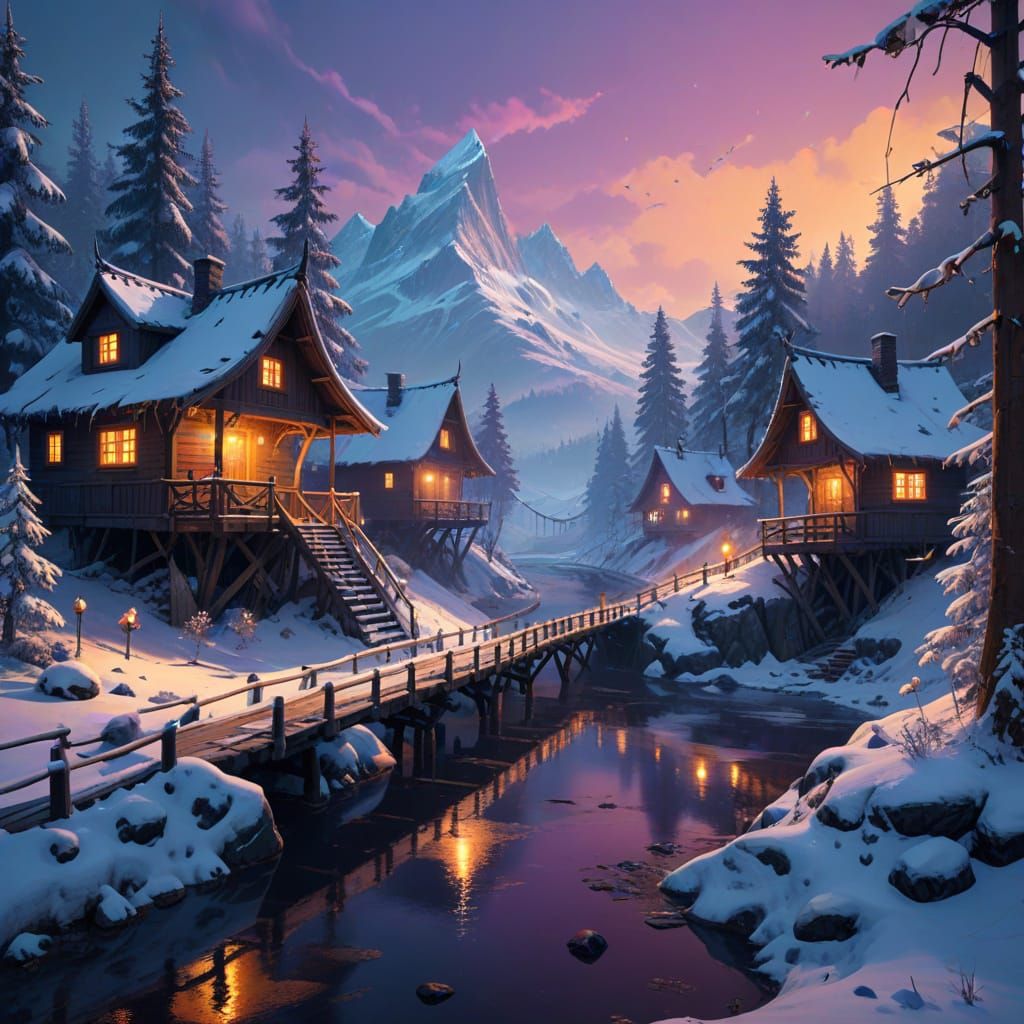 Winter Village in Mystical Forest, Bathed in Golden Light