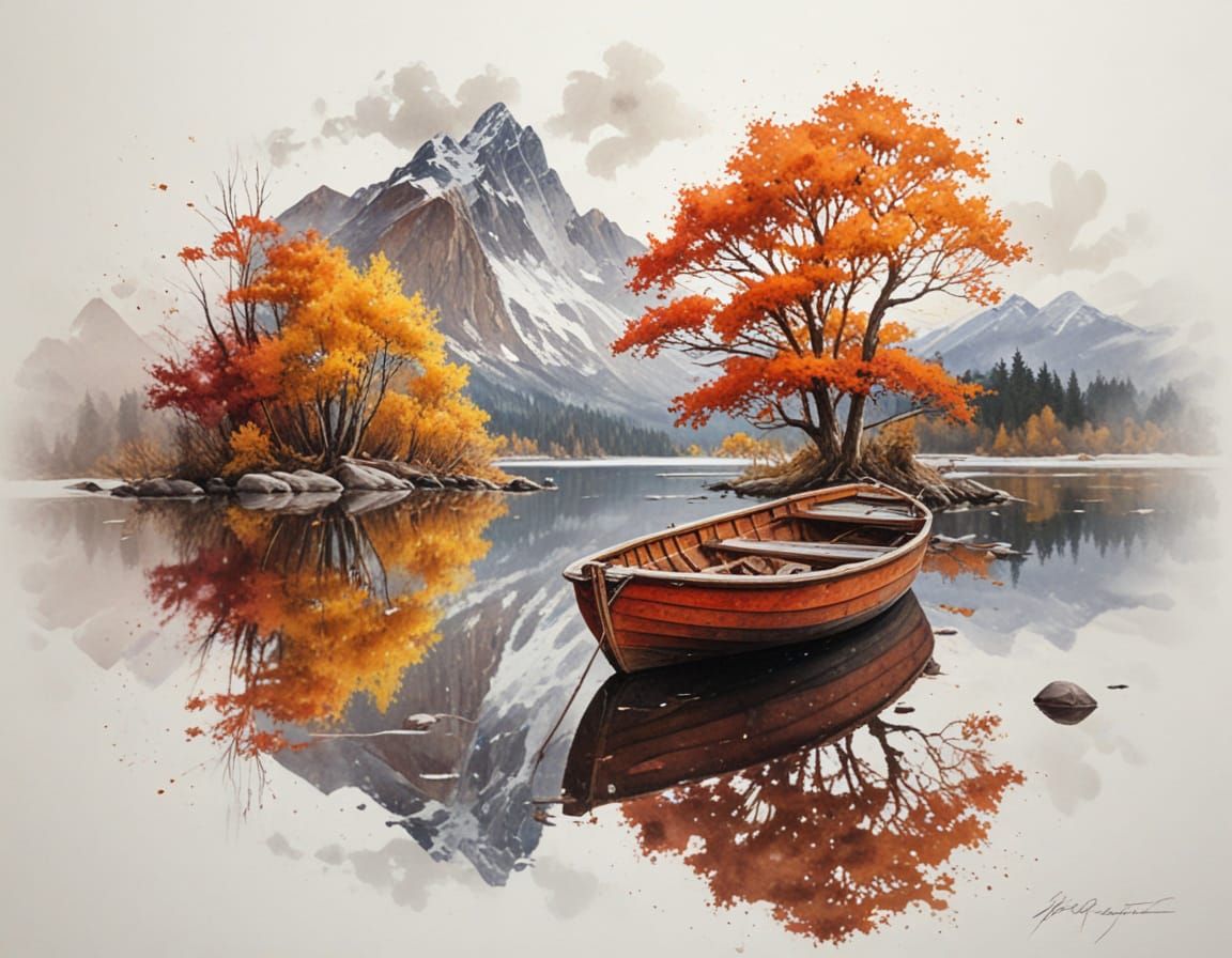 Autumn Mountain Lake Serenity with Rowboat in Painterly Real...