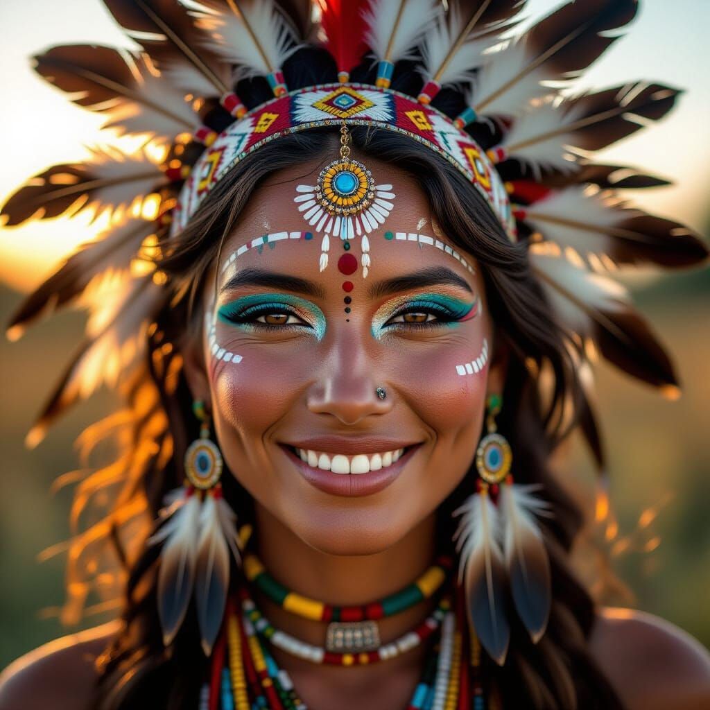 Tribal Woman Portrait with Feathers and Beads