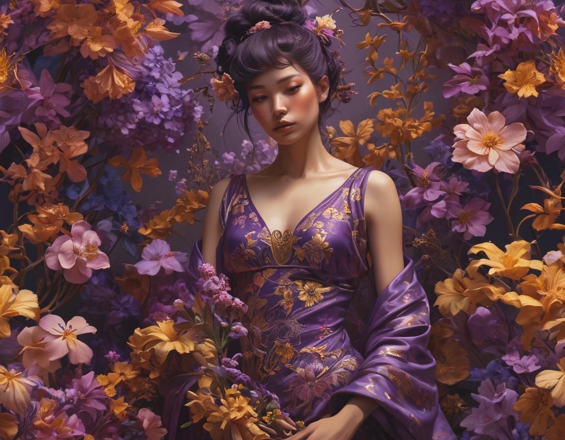 Floral Transformation: Dark Fantasy Art Nouveau Portrait