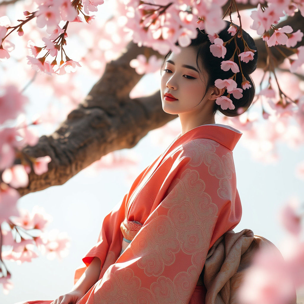 Woman in Kimono Under Sakura Tree, Japanese Art