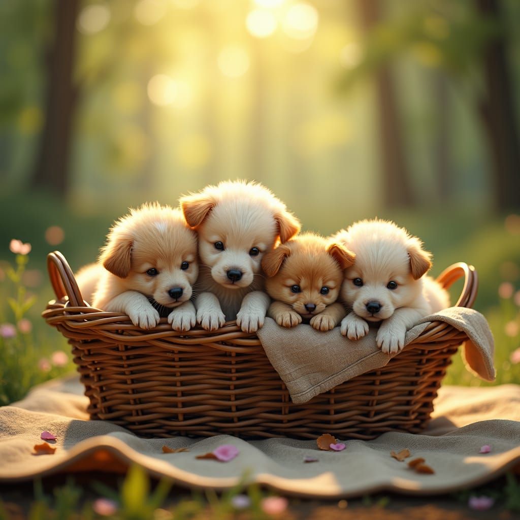 Puppies and Kittens Snuggle in Golden Sunlight
