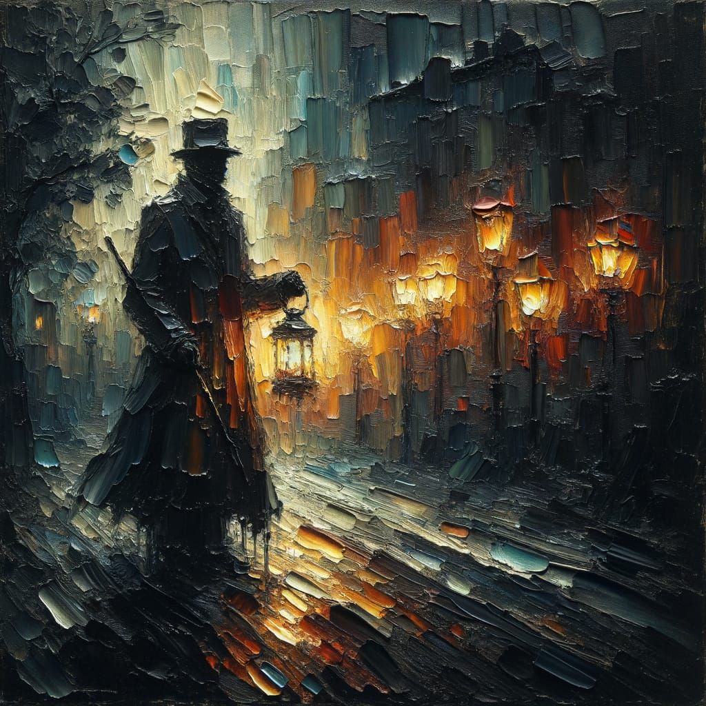 Silhouette with Lantern in Expressionist Street
