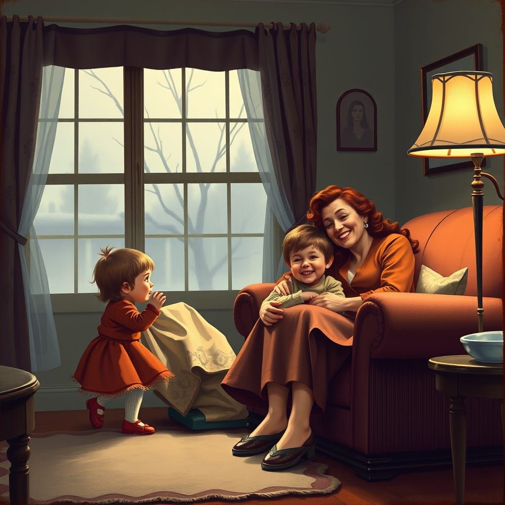 Cozy Family Scene in 1940s Home with Warmth and Joy