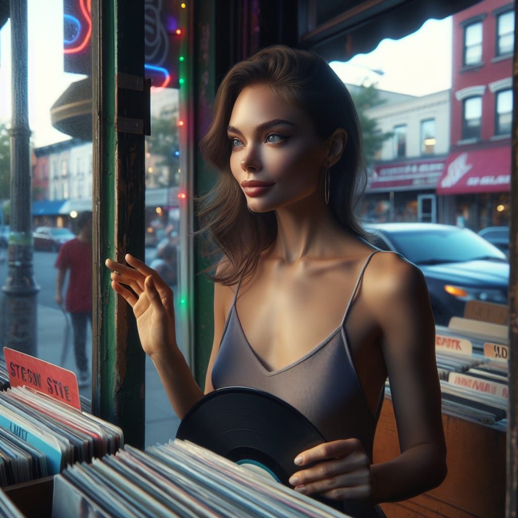Woman Dancing in Vinyl Store: Hyperrealistic Street View