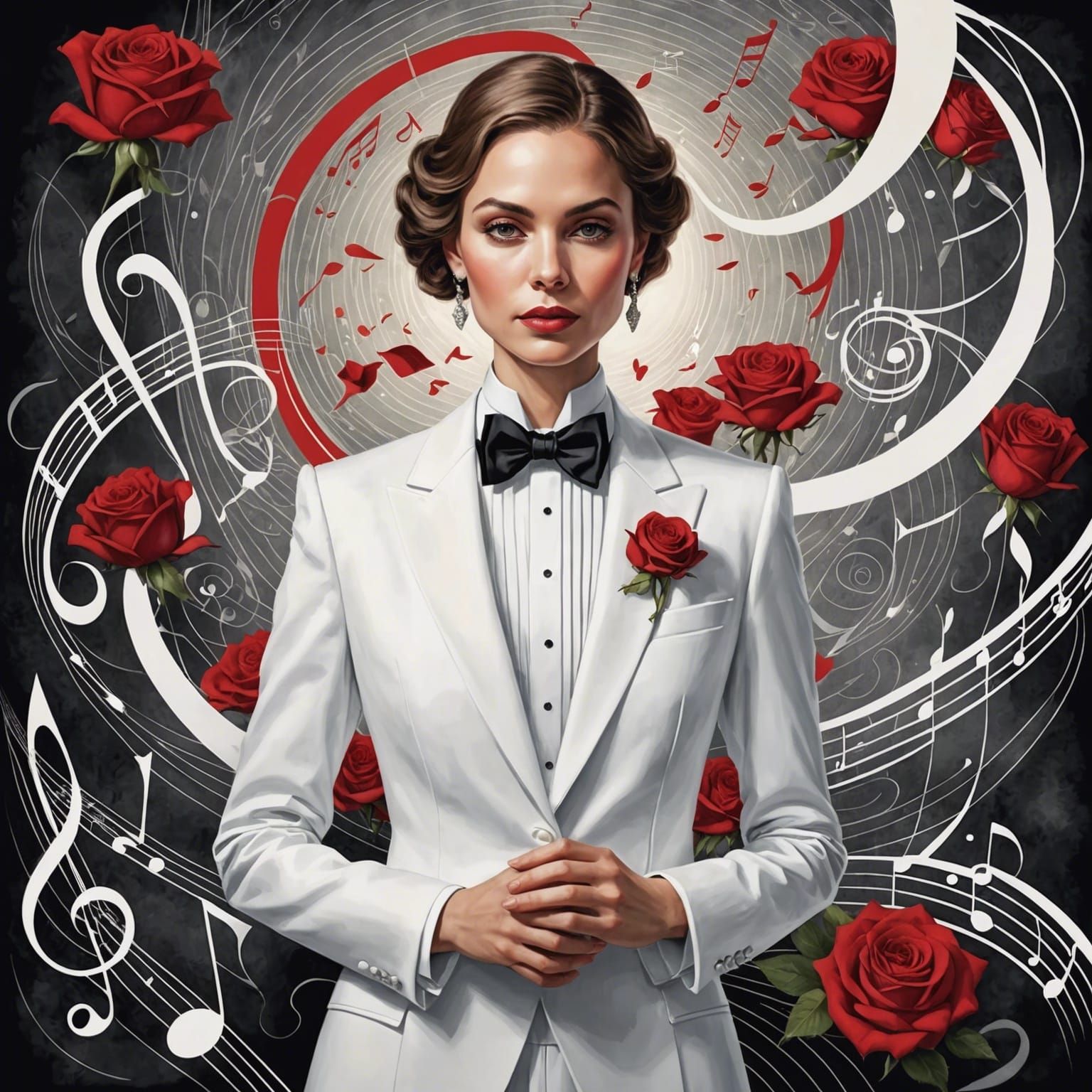 Mystical Woman with Floating Musical Notes in Ink Art