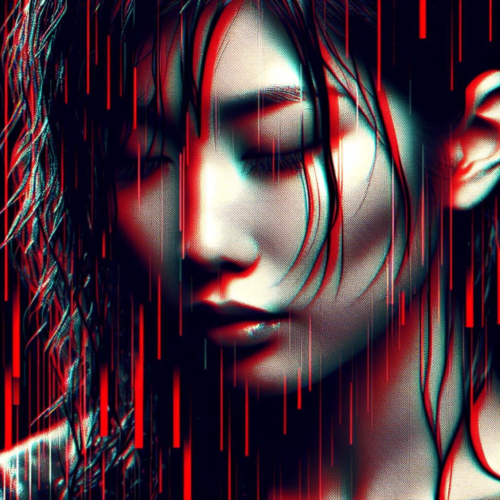 Glitchcore Portrait of Japanese Woman in Rain
