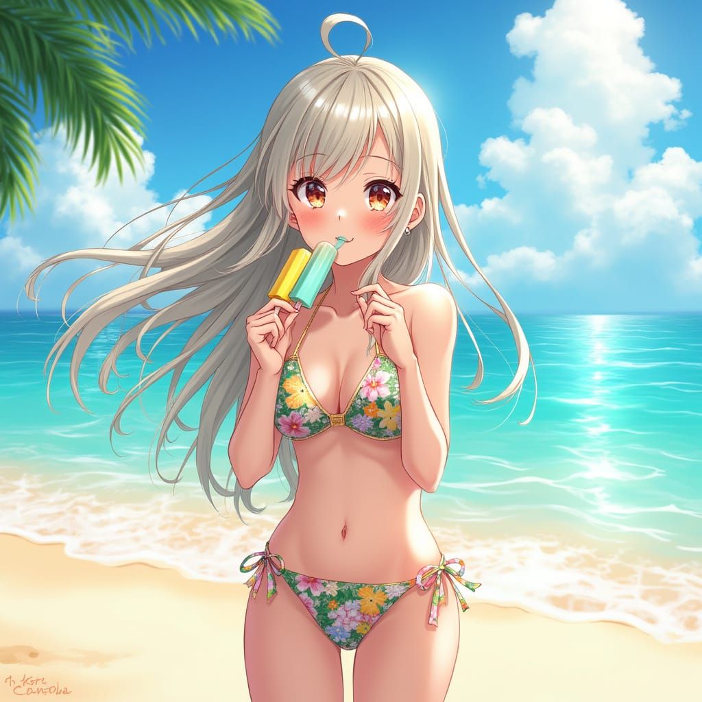 Vibrant Anime Beach Scene with Tropical Bikini and Popsicles