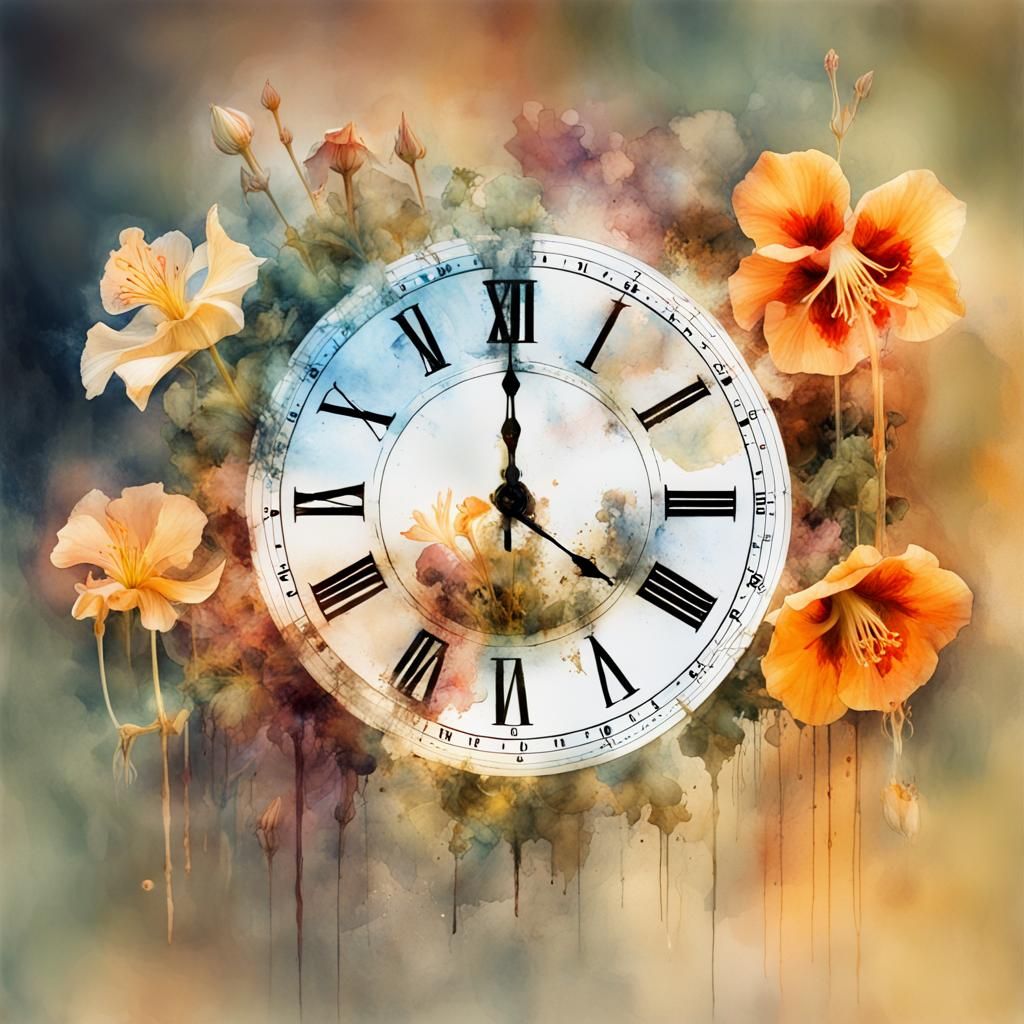 Watercolor Watch with Floral Elements in Double Exposure