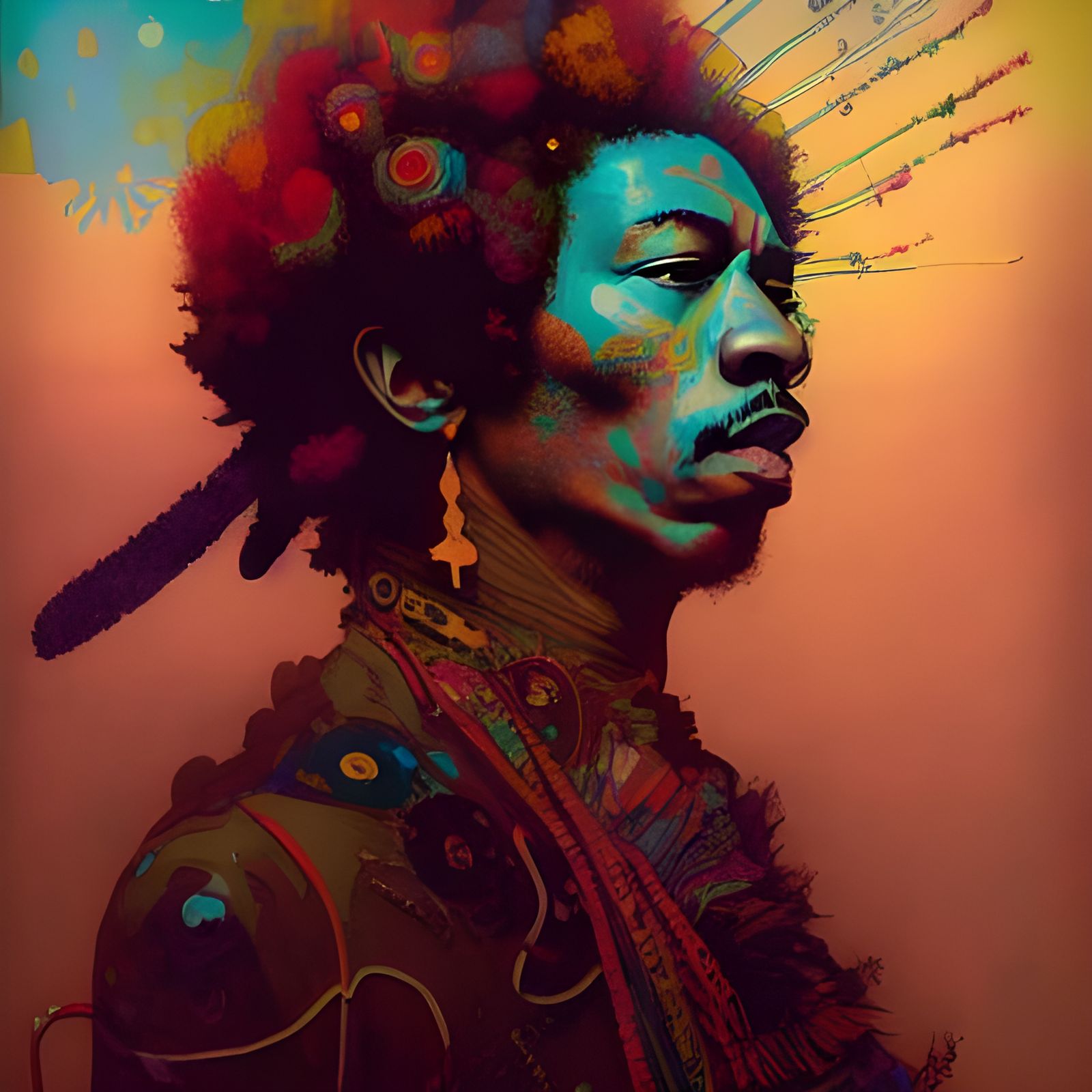 Jimi Hendrix Portrait in Hypermaximalist Style