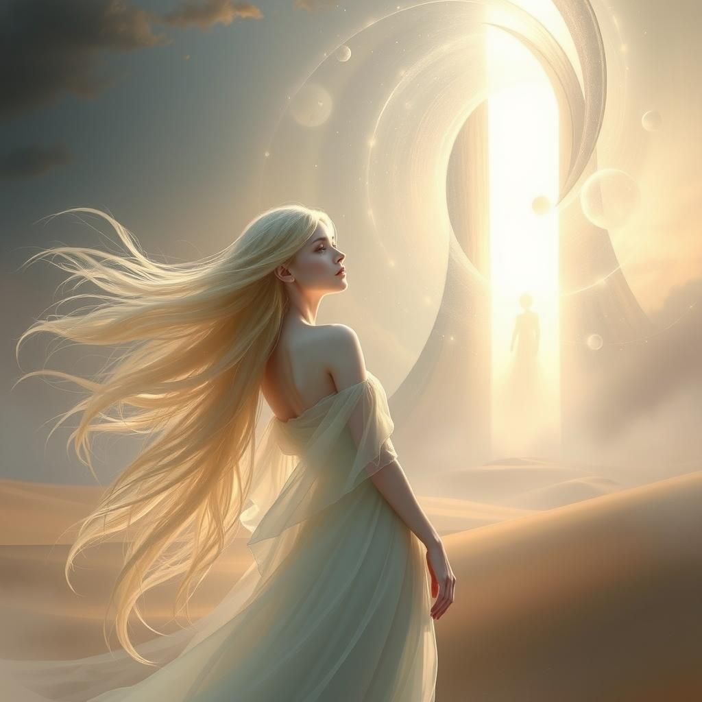 Ethereal Woman near Spiraling Portal, Digital Art