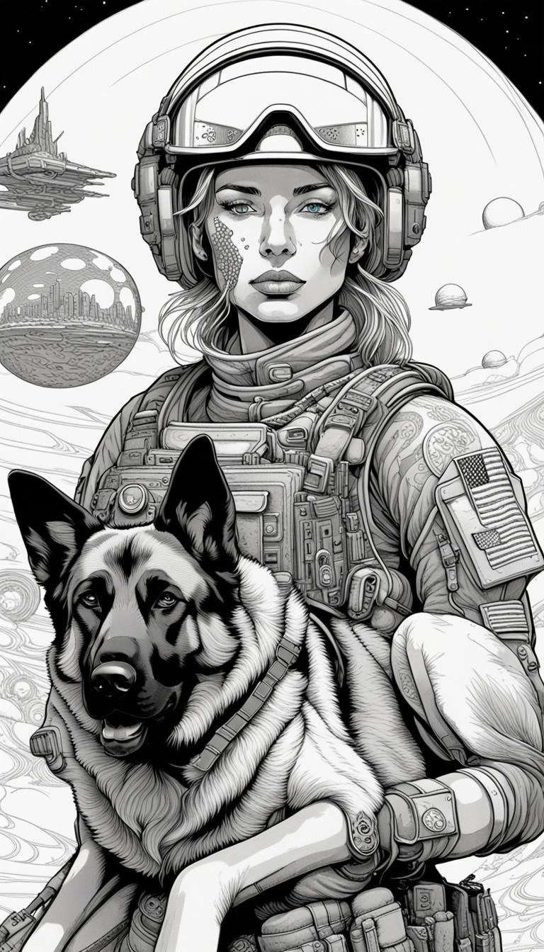 by moebius, line art double exposure of beautiful and muscle space woman soldier in tactical gear (with a equipped Germa...