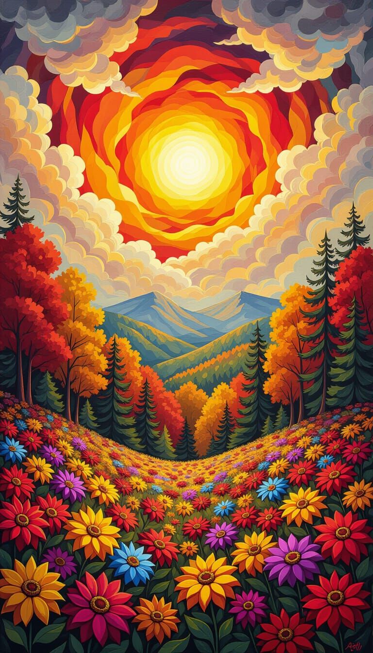 Vibrant Fall Forest With Pencil Base Trees Psychedelic Sun