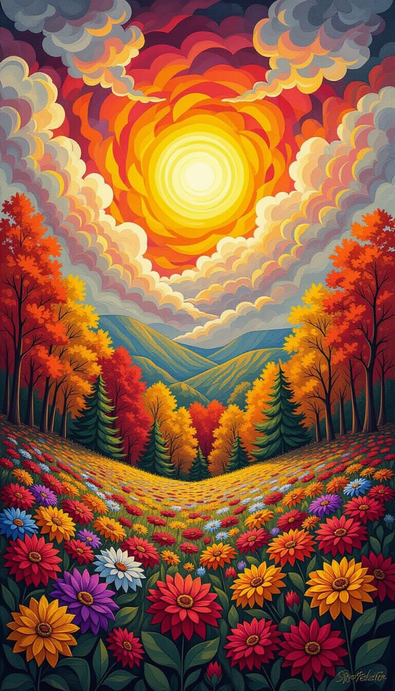 Vibrant Fall Forest Art with Pencil Base, Surreal Style