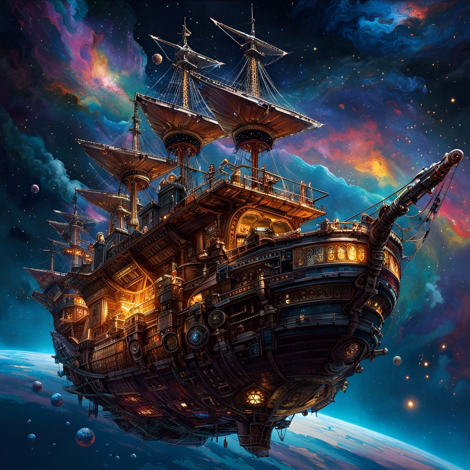 Pirate Ship Voyage Through a Starry Galaxy