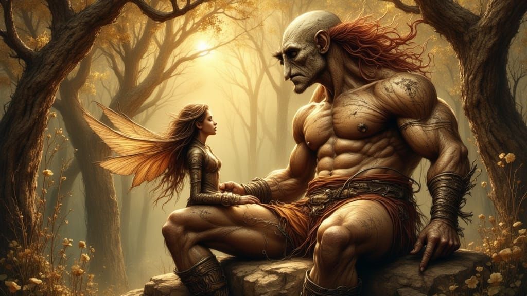 Muscular Cyclops and Fairy in Fantasy Forest