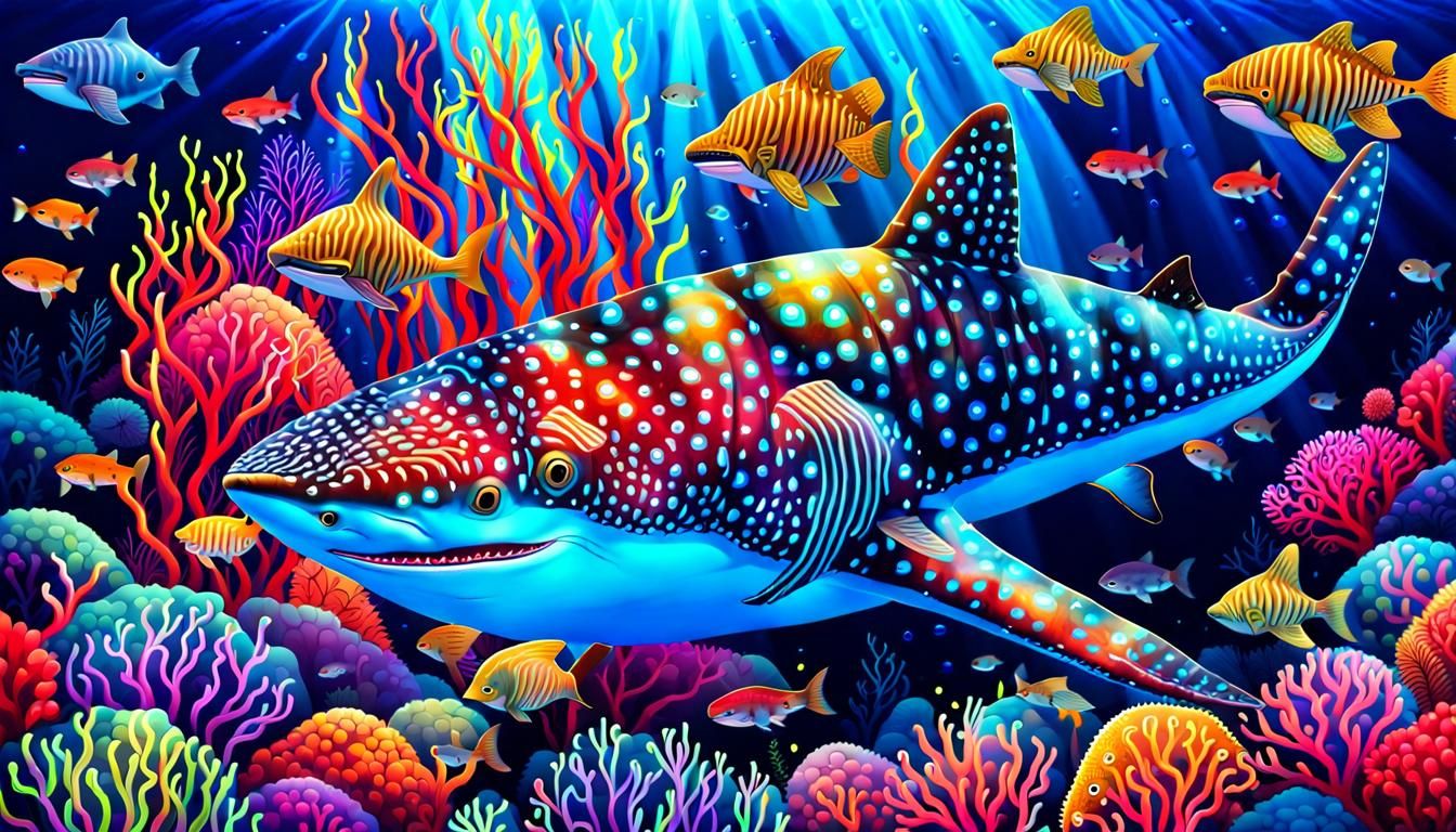 Psychedelic Neon Whale Shark Over Coral Reef