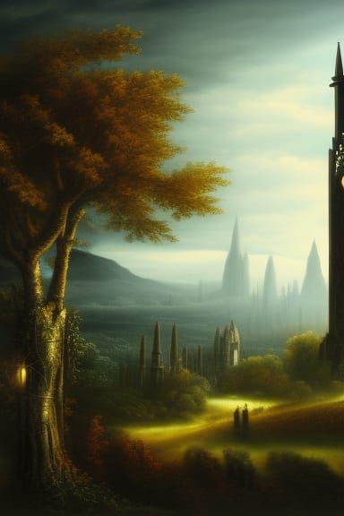 Grand Tower in Gothic Fantasy Landscape