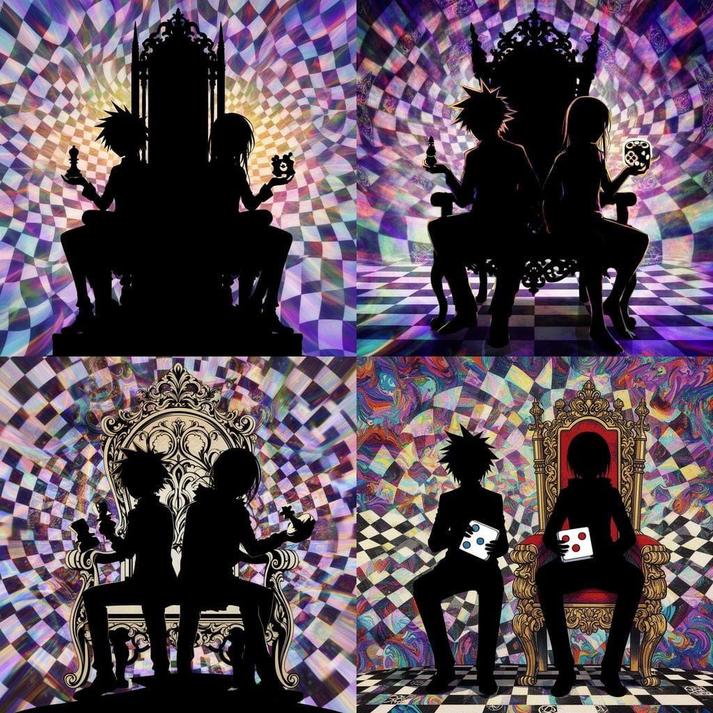Anime Silhouettes Sora and Shiro on Throne with Game Pieces
