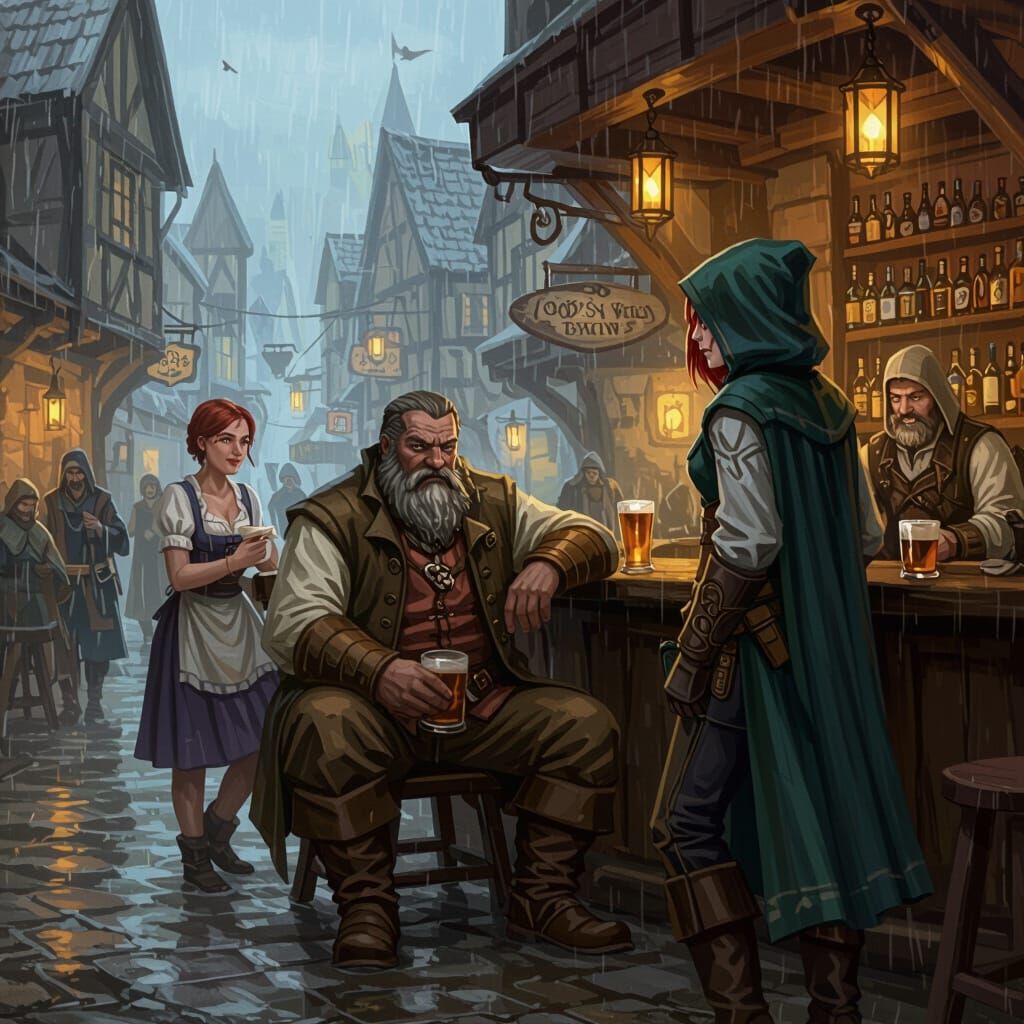 Dark Fantasy Tavern Scene with Gritty Oil Painting Style