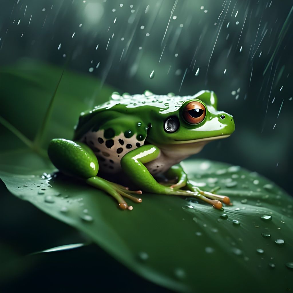 Frog in Junglecore Style Raining on a Leaf