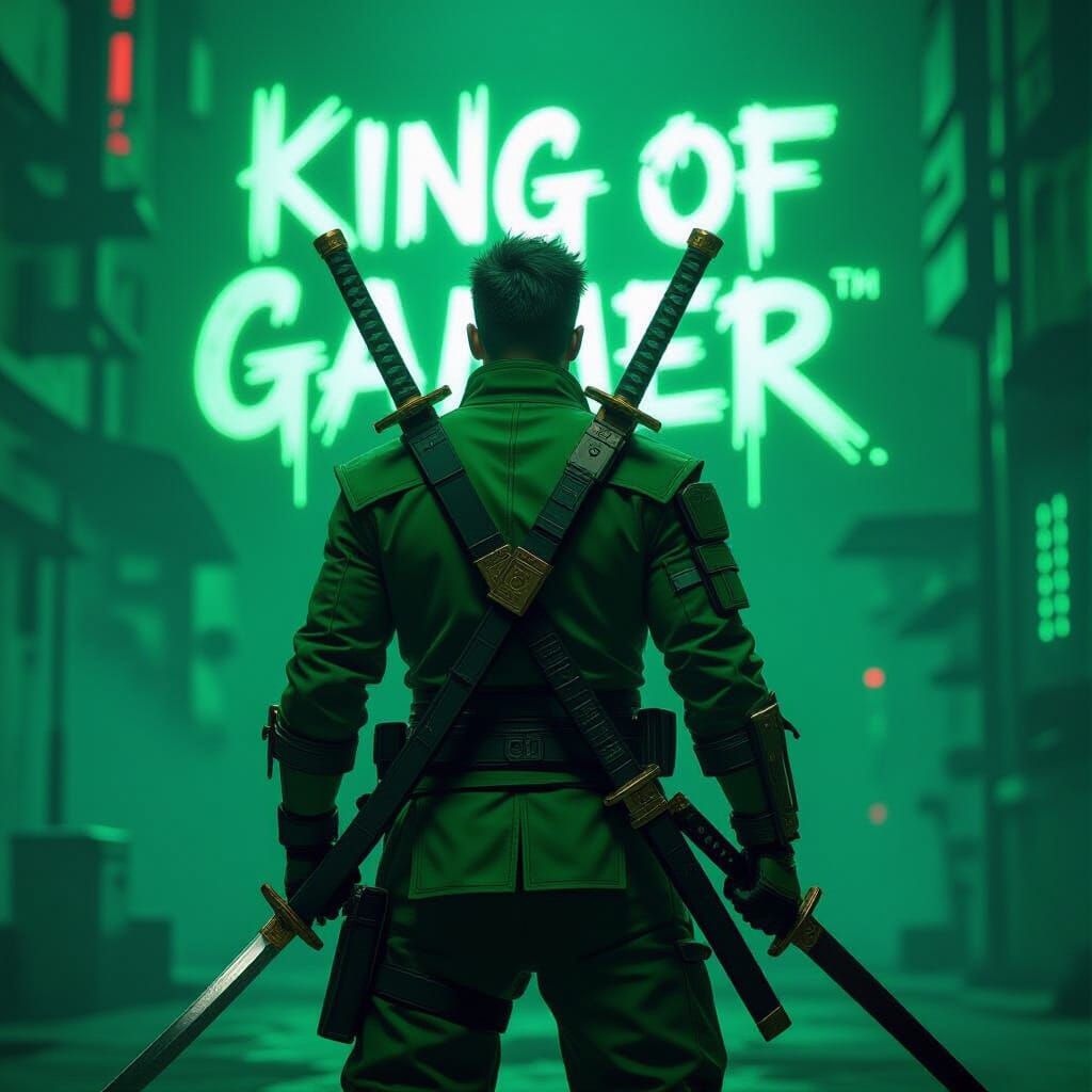King of Gamer in Neon Green Futuristic Scene