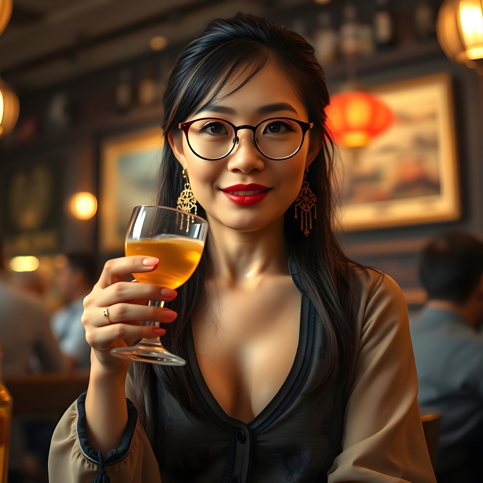 Vintage Chinese Woman in Elegant Attire at a Classic Bar