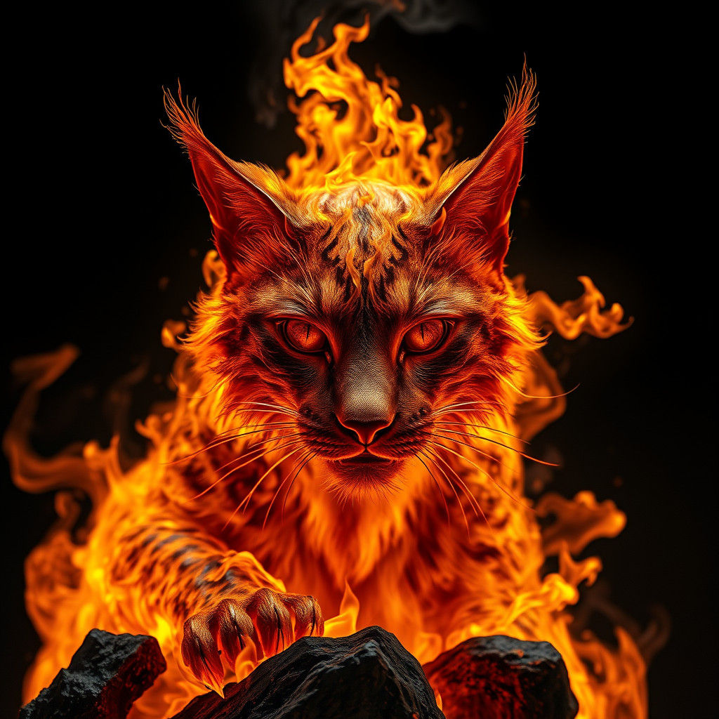 Fiery Wildcat Sculpture in Hyperrealistic Digital Art