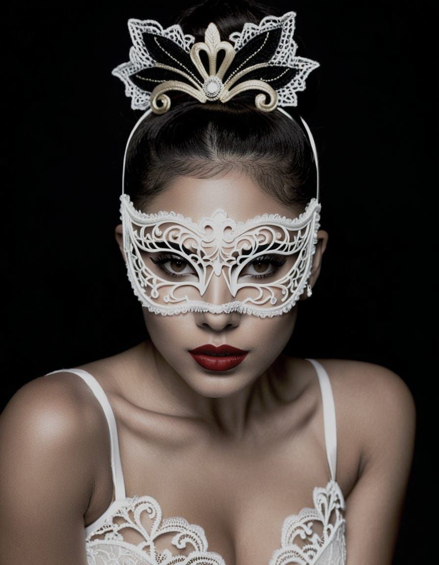 Woman with Mask and Red Lipstick