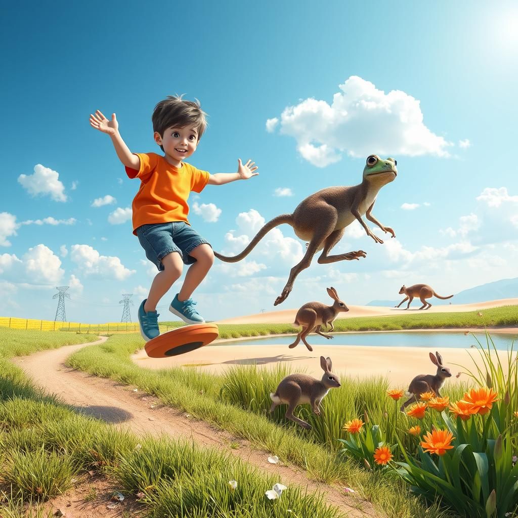 Playful Anime Scene with Hopping Animals and Child